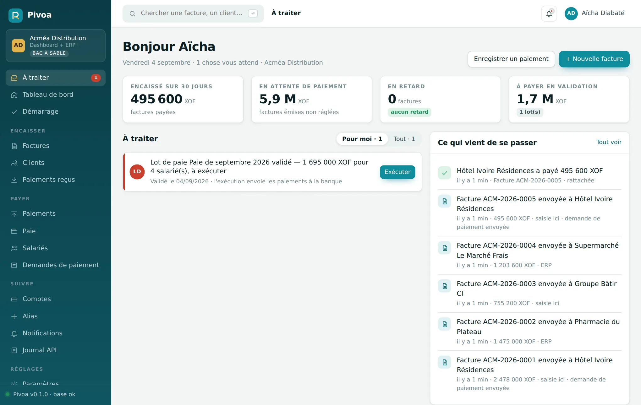 Tableau de bord Pivoa : la file « À traiter », les chiffres du mois et l’activité récente