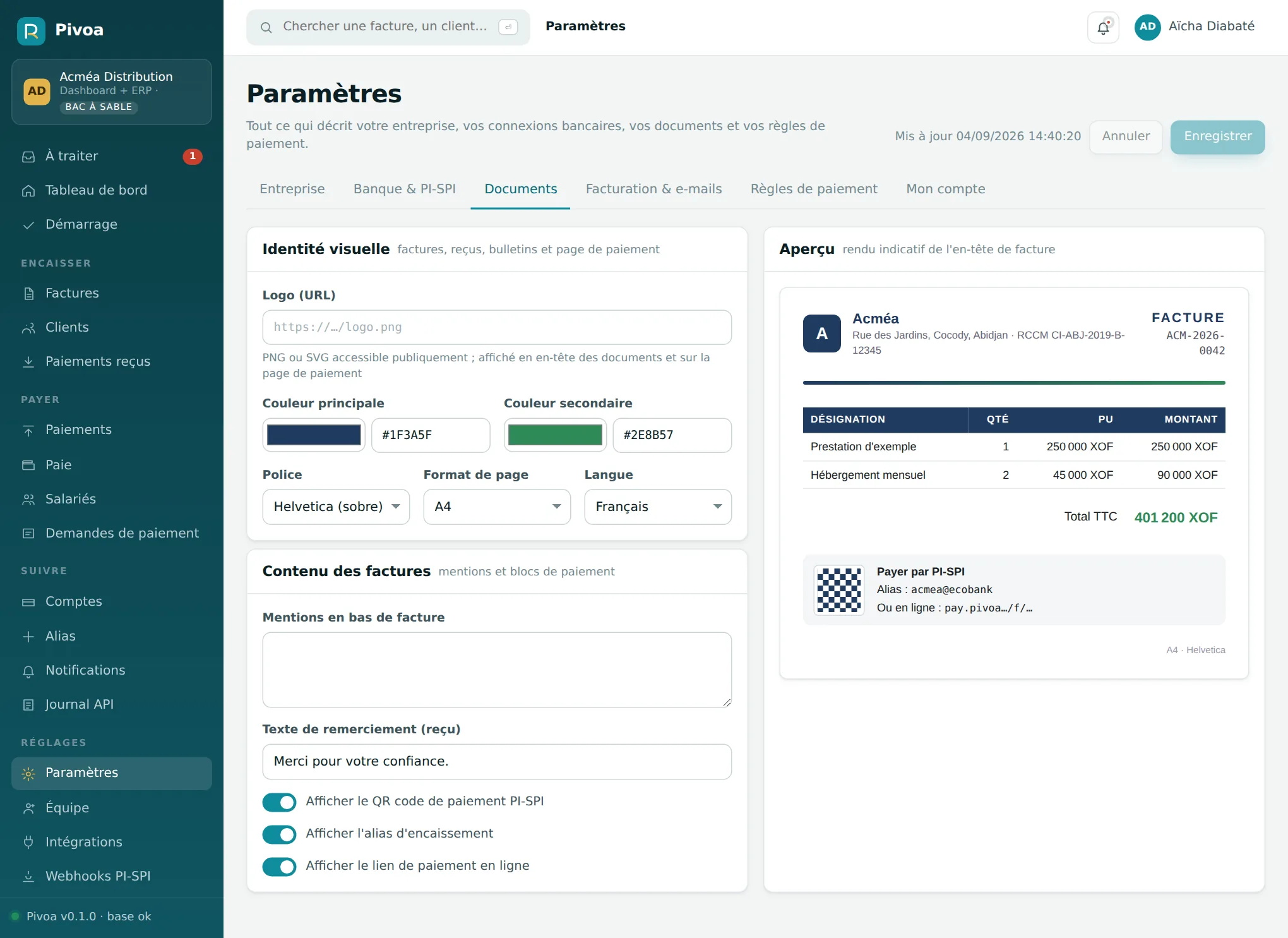 Paramètres des documents avec aperçu de facture en direct