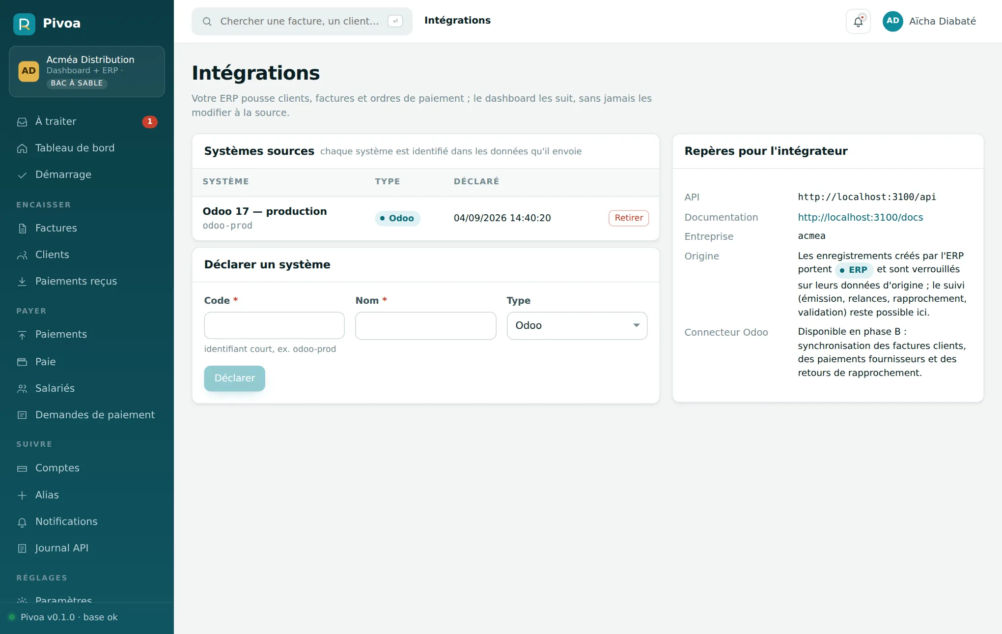 Page Intégrations : systèmes sources déclarés et repères pour l’intégrateur