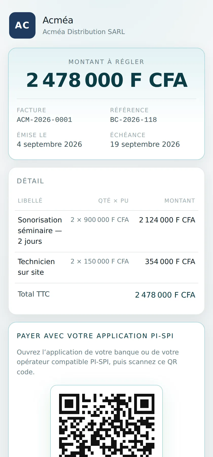 Page de paiement publique aux couleurs de l’entreprise, avec QR code PI-SPI